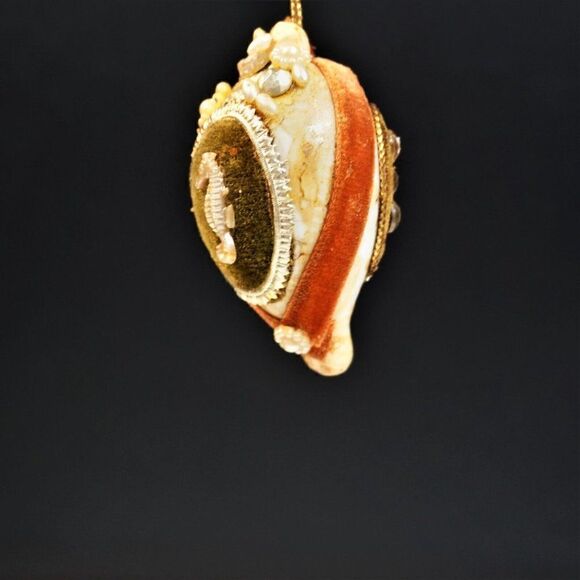 Vintage Christmas Ornament Seashell Beaded Seahorse Mica Ribbon Handmade - Picture 7 of 10